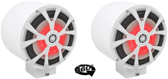 Main image of RKL80MW White 8" LED Marine Boat Speaker Pair with MAC80W Pods | 900W Peak Pair, White 7.7" 6061 Aluminum Enclosures, 2 MAC360W 360° Surface Clamps, Stainless Quick-Release Hardware, 6-Items