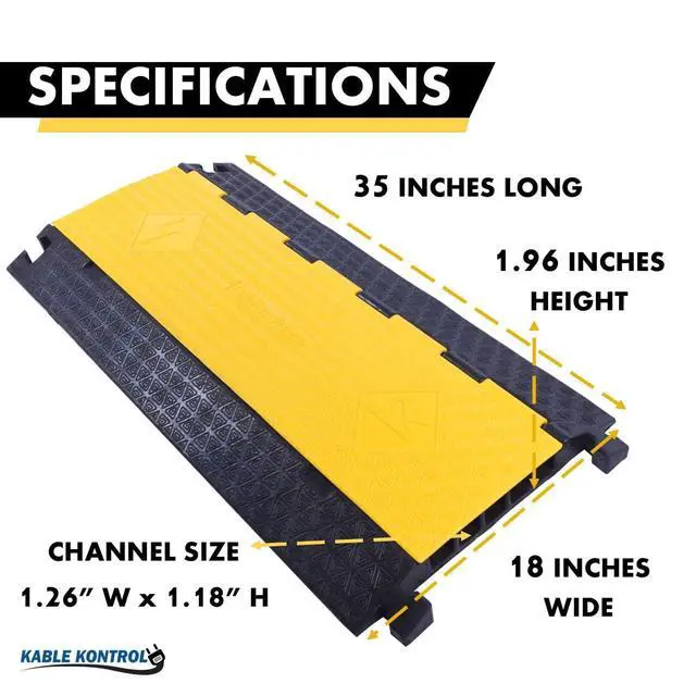 Alt view image 3 of 7 - Atlas Cable Protector Wire Ramp - 5 Channel 1 Pc - 35 Long Black & Yellow - 24000 Lbs Load Capacity - Rubber Speed Bump Wire Protector Cord Cover - CP9975