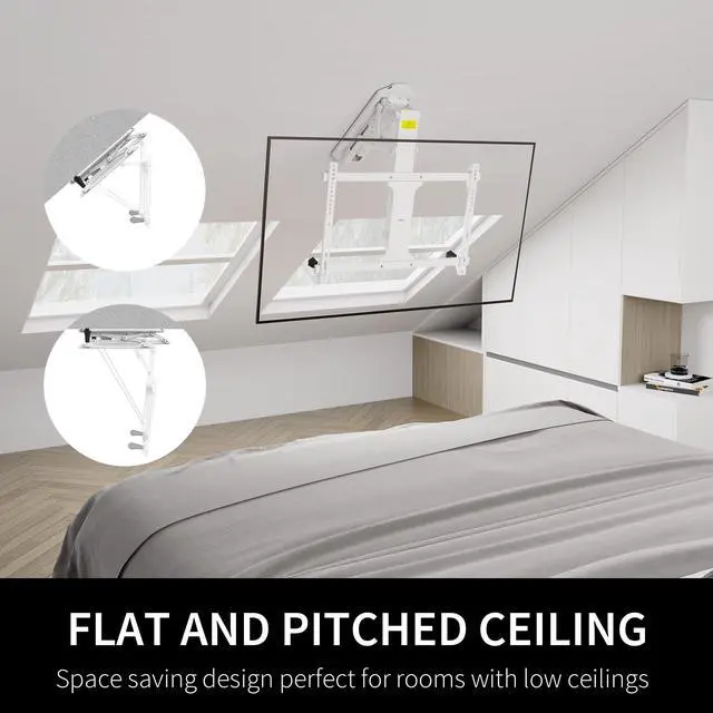 Alt view image 6 of 7 - White Electric Ceiling TV Mount for 32 to 70 in Screens, MOUNT-E-FD70W | Large Motorized Flip Down TV Mount, Pitched Roof VESA Mount, Heavy Duty Steel Design, Low Profile, Master Pack, Holds 77 lbs