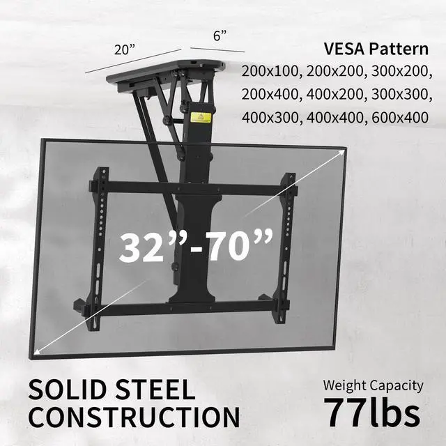 Alt view image 2 of 7 - Black Electric Ceiling TV Mount for 32 to 70 in Screens, MOUNT-E-FD70 | Large Motorized Flip Down TV Mount, Pitched Roof VESA Mount, Heavy Duty Steel Design, Low Profile, Master Pack, Holds 77 lbs