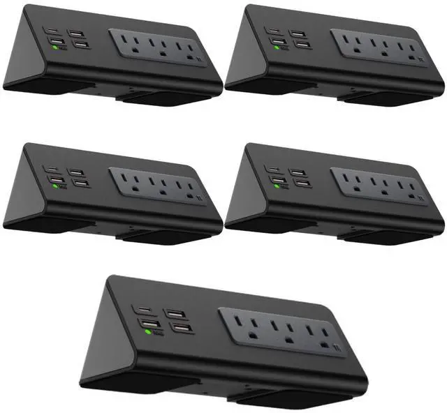Main image of Desk Clamp Power Strip with USB-C Port, Nightstand Charging Station, 3 AC Outlets, 3 USB-A Ports, Fast Charger, Easy Installation for Home, Offices, Hotels 4.9 Ft, Black, 5 Pcs