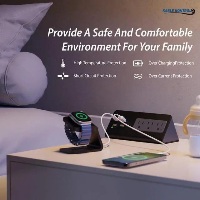 Alt view image 5 of 7 - Desk Clamp Power Strip with USB-C Port, Nightstand Charging Station, 3 AC Outlets, 3 USB-A Ports, Fast Charger, Easy Installation for Home, Offices, Hotels 4.9 Ft, Black, 5 Pcs