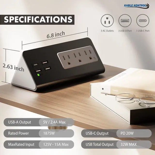 Alt view image 2 of 7 - Desk Clamp Power Strip with USB-C Port, Nightstand Charging Station, 3 AC Outlets, 3 USB-A Ports, Fast Charger, Easy Installation for Home, Offices, Hotels 4.9 Ft, Black, 5 Pcs
