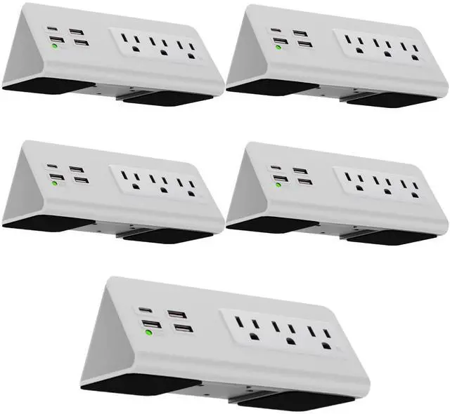 Main image of Desk Clamp Power Strip with USB-C Port, Nightstand Charging Station, 3 AC Outlets, 3 USB-A Ports, Fast Charger, Easy Installation for Home, Offices, Hotels 4.9 Ft, White, 5 Pcs
