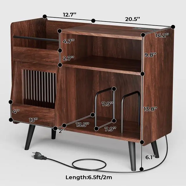 Alt view image 2 of 6 - Large Record Player Stand with Sliding Door,350 Vinyl Record Storage Cabinet, Record Player Table with Power Outlet and LED Light,Turntable Stand with Wood Legs for Living Room,Bedroom,Office