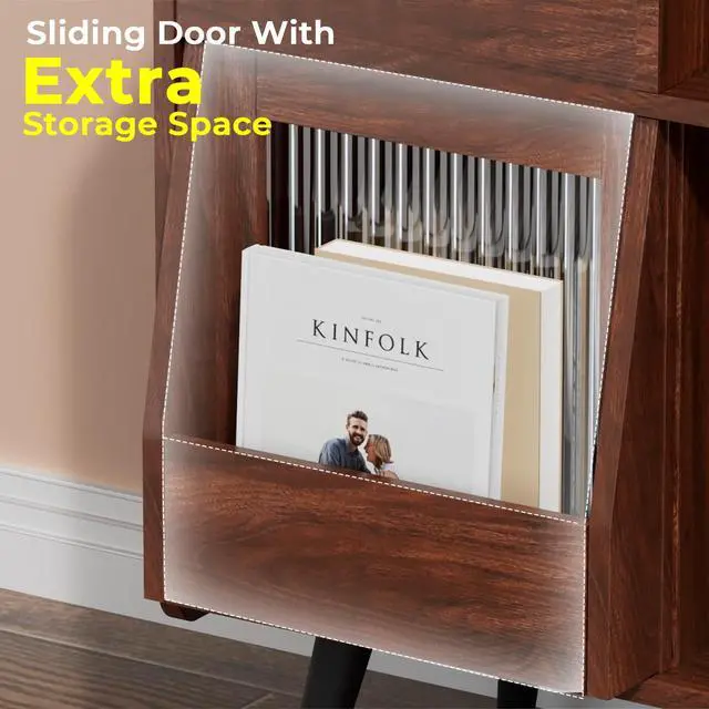 Alt view image 3 of 6 - Large Record Player Stand with Sliding Door,350 Vinyl Record Storage Cabinet, Record Player Table with Power Outlet and LED Light,Turntable Stand with Wood Legs for Living Room,Bedroom,Office