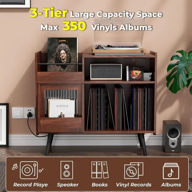 Alt view image 4 of 6 - Large Record Player Stand with Sliding Door,350 Vinyl Record Storage Cabinet, Record Player Table with Power Outlet and LED Light,Turntable Stand with Wood Legs for Living Room,Bedroom,Office