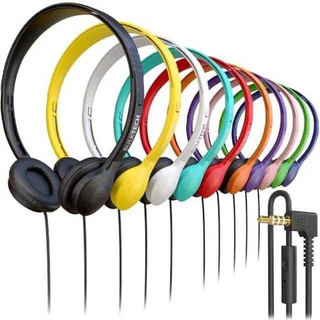 Alt view image 7 of 7 - 100 Pack Bulk Wired On-Ear Leather Headphones with Microphone and 3.5mm Connector, Multi