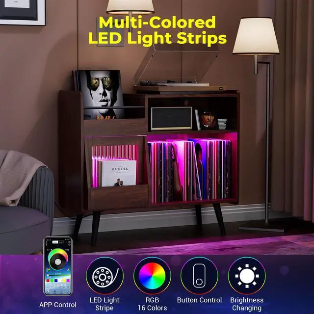 Alt view image 5 of 6 - Large Record Player Stand with Sliding Door,350 Vinyl Record Storage Cabinet, Record Player Table with Power Outlet and LED Light,Turntable Stand with Wood Legs for Living Room,Bedroom,Office