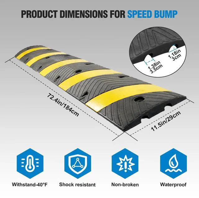 Alt view image 2 of 6 - 72" Heavy Duty Rubber Speed Bumps (4 Pack) - Cable Protector Ramp for Driveway Asphalt Concrete Gravel with Bolt Spikes Anchors for Parking Lot, Warehouse, Road