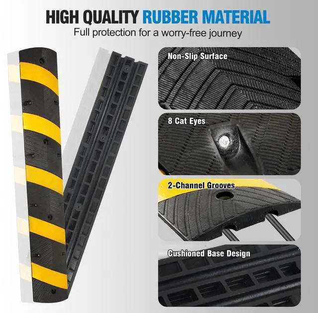 Alt view image 3 of 6 - 72" Heavy Duty Rubber Speed Bumps (4 Pack) - Cable Protector Ramp for Driveway Asphalt Concrete Gravel with Bolt Spikes Anchors for Parking Lot, Warehouse, Road