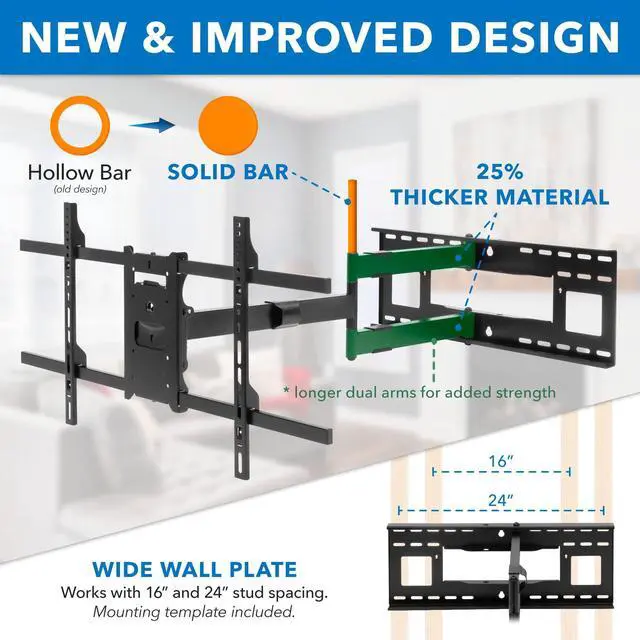 Alt view image 2 of 4 - Full Motion TV Wall Mount, 40" Extension, 40-80" | Dual arm articulating mount holds up to 110 lbs, VESA 100x100 to 800x400, corner & fireplace compatible