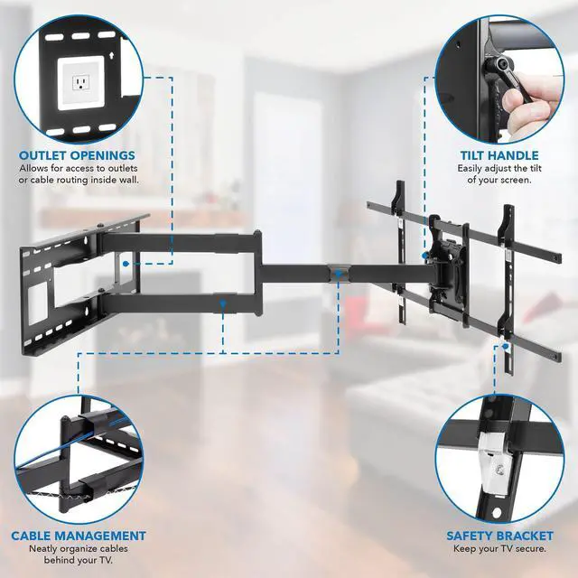 Alt view image 3 of 4 - Full Motion TV Wall Mount, 40" Extension, 40-80" | Dual arm articulating mount holds up to 110 lbs, VESA 100x100 to 800x400, corner & fireplace compatible