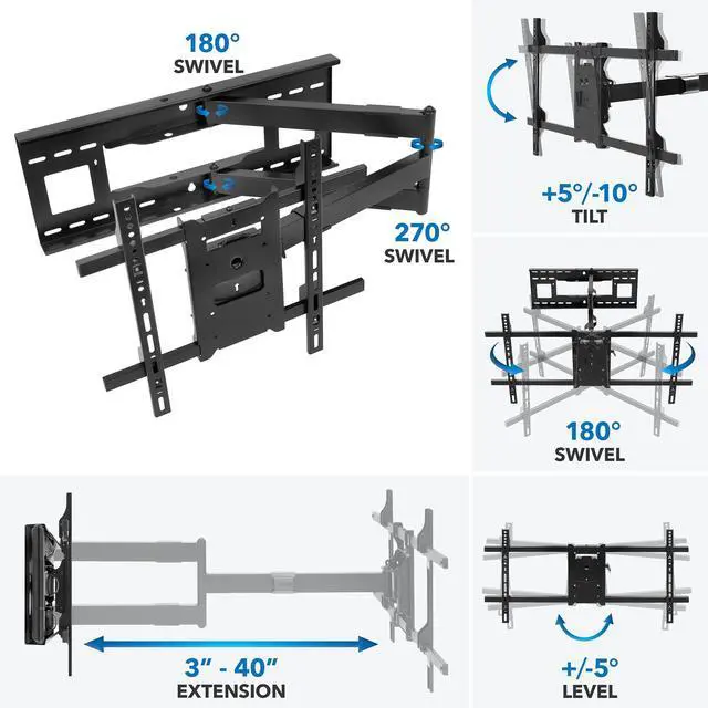 Alt view image 4 of 4 - Full Motion TV Wall Mount, 40" Extension, 40-80" | Dual arm articulating mount holds up to 110 lbs, VESA 100x100 to 800x400, corner & fireplace compatible