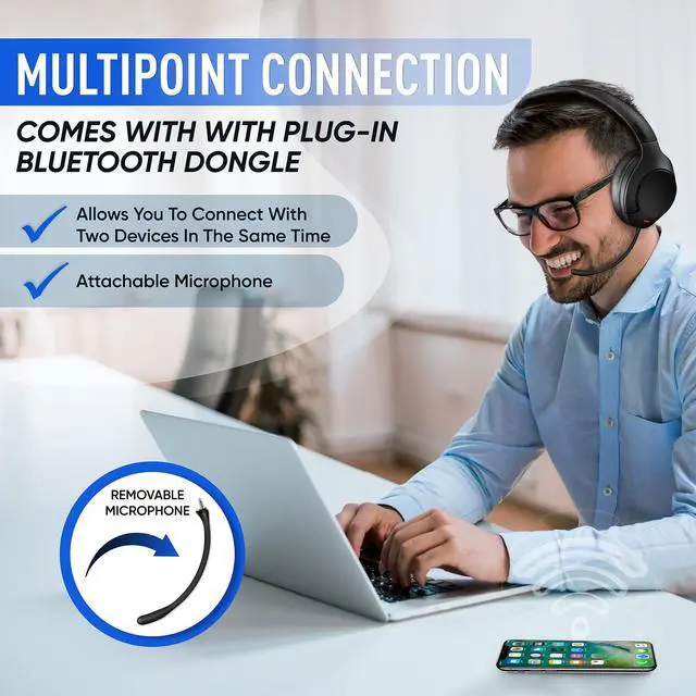 Alt view image 5 of 6 - Wireless Headphones Noise Cancelling, Stereo Over Ear Wireless Headphones with Removable Mic, Bluetooth Headset with Microphone, Lightweight and Touch Control, 55 Hours Playtime