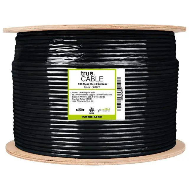 Alt view image 3 of 5 - TRUECABLE RG6 Outdoor Quad Shield Coaxial Cable, 1000ft, Black, Direct Burial (CMX), 75 Ohm, 18 AWG Bare Copper Conductor, UV Resistant, 3GHz Sweep Tested