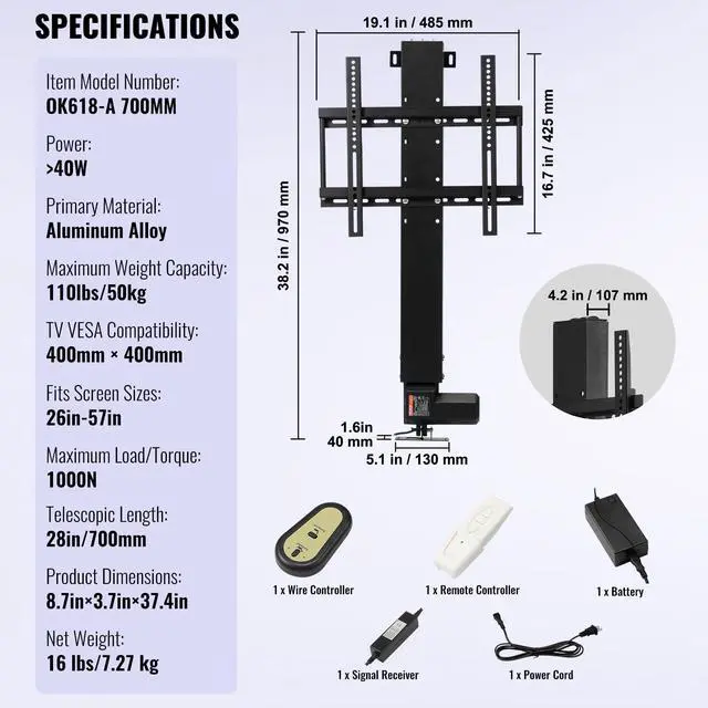 Alt view image 5 of 5 - Motorized TV Lift Stroke Length 28 Inches Motorized TV Mount Fit for Max.50 Inch TV Lift with Remote Control Height Adjustable 38-65 Inch,Load Capacity 132 Lbs