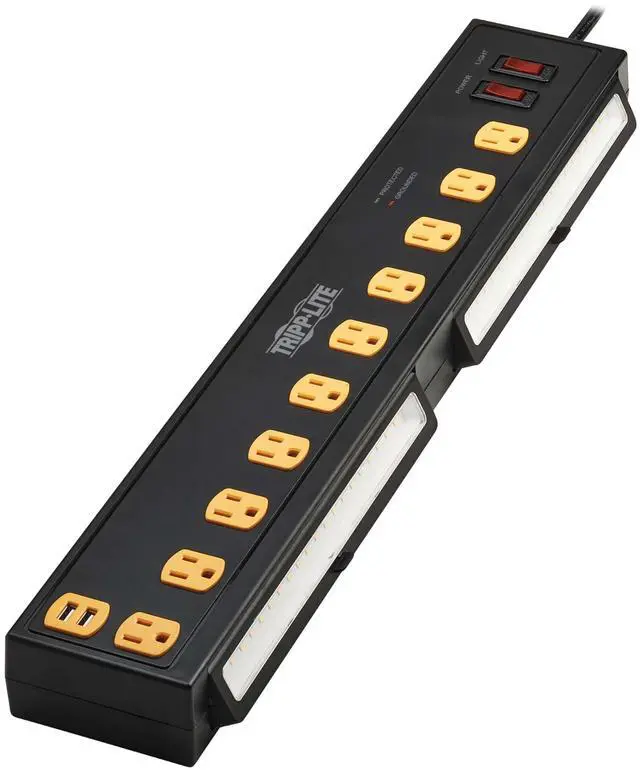 Main image of Heavy Duty Surge Protector Power Strip with Work Lights, 10-Outlets for Industrial & Garage, 2 USB Ports, 10ft Power Cord, 4500 Joules, 150,000 Insurance (TLP1010USB)