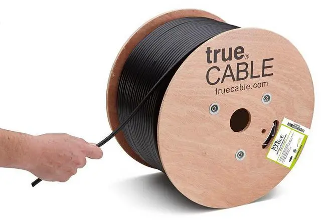 Main image of TRUECABLE RG6 Outdoor Quad Shield Coaxial Cable, 1000ft, Black, Direct Burial (CMX), 75 Ohm, 18 AWG Bare Copper Conductor, UV Resistant, 3GHz Sweep Tested