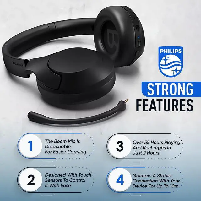 Alt view image 6 of 6 - Wireless Headphones Noise Cancelling, Stereo Over Ear Wireless Headphones with Removable Mic, Bluetooth Headset with Microphone, Lightweight and Touch Control, 55 Hours Playtime