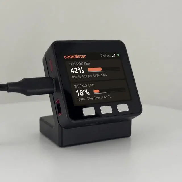 Main image of codeMeter Claude Code Usage Monitor, WiFi AI Coding Limit Tracker, 5 Hour and Weekly Usage Display, Anthropic Usage Meter, Developer Desk Gadget, Vibe Coding Gift (USB-C Black)