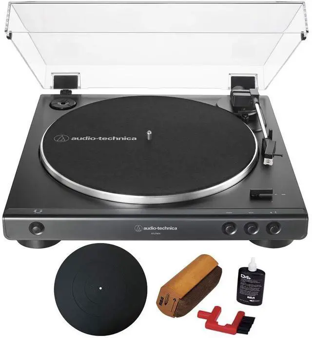 Main image of AT-LP60X-BK Fully Automatic Belt-Drive Stereo Turntable 33-1/3 & 45 RPM Black with Essentials Bundle Includes Protective Turntable Platter and Vinyl Record Cleaning System