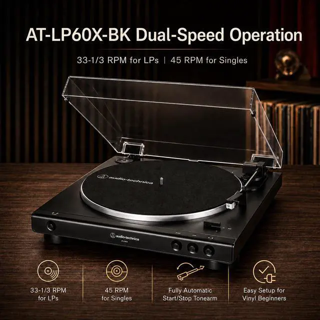 Alt view image 3 of 7 - AT-LP60X-BK Fully Automatic Belt-Drive Stereo Turntable 33-1/3 & 45 RPM - Black Bundle with Deco Gear Master Guide, Vinyl Record Cleaning Kit, 12" Silicone Rubber Platter Mat