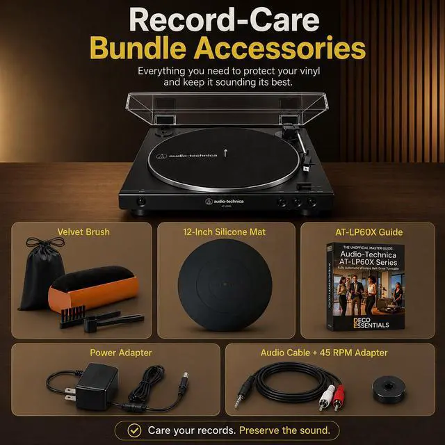 Alt view image 2 of 7 - AT-LP60X-BK Fully Automatic Belt-Drive Stereo Turntable 33-1/3 & 45 RPM - Black Bundle with Deco Gear Master Guide, Vinyl Record Cleaning Kit, 12" Silicone Rubber Platter Mat