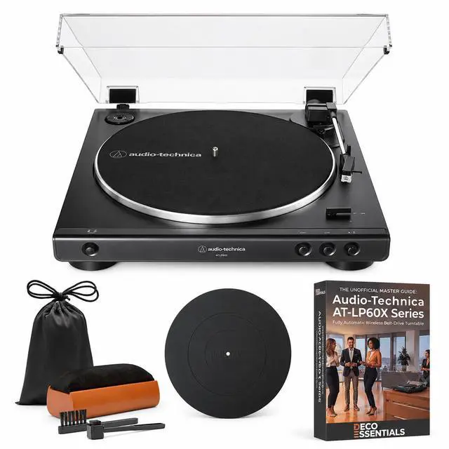 Main image of AT-LP60X-BK Fully Automatic Belt-Drive Stereo Turntable 33-1/3 & 45 RPM - Black Bundle with Deco Gear Master Guide, Vinyl Record Cleaning Kit, 12" Silicone Rubber Platter Mat