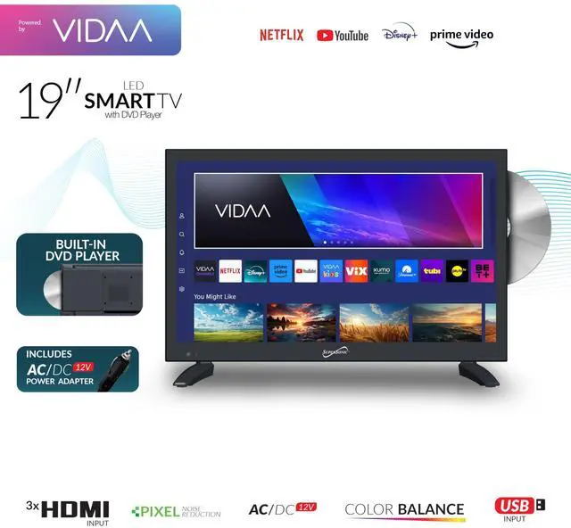 Alt view image 2 of 7 - SC-1926DVD 19-inch LED Smart HDTV w/DVD Player, 3X HDMI, 1080p, WiFi, USB, AC/DC Compatible for Home, Kitchen, or RV Camper, DC Car Cord Included (SC-1926SDVD 19 Smart TV/DVD Combo)