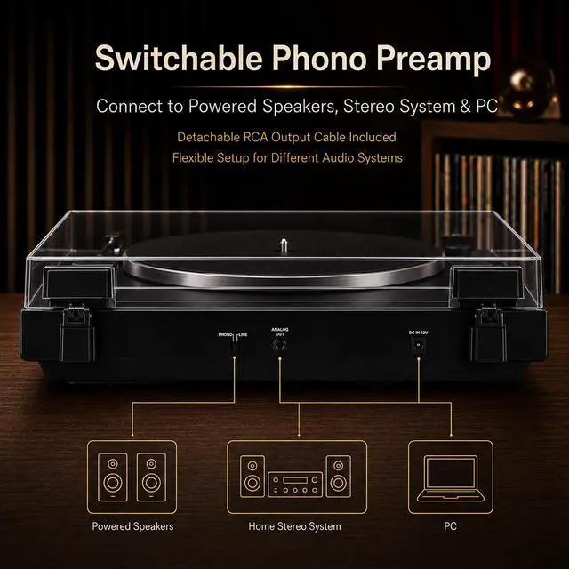 Alt view image 4 of 7 - AT-LP60X-BK Fully Automatic Belt-Drive Stereo Turntable 33-1/3 & 45 RPM - Black Bundle with Deco Gear Master Guide, Vinyl Record Cleaning Kit, 12" Silicone Rubber Platter Mat