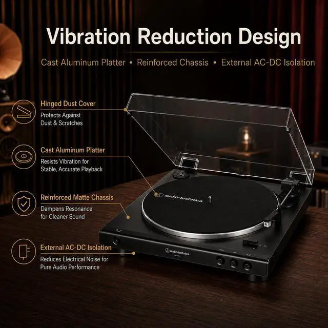 Alt view image 6 of 7 - AT-LP60X-BK Fully Automatic Belt-Drive Stereo Turntable 33-1/3 & 45 RPM - Black Bundle with Deco Gear Master Guide, Vinyl Record Cleaning Kit, 12" Silicone Rubber Platter Mat