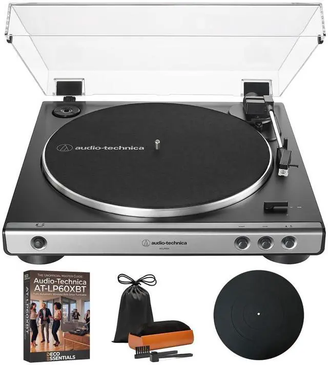 Main image of AT-LP60X-GM Fully Automatic Belt-Drive Turntable 33-1/3 & 45 RPM -Gunmetal/Black Bundle with Deco Gear Master Guide, Vinyl Record Cleaning Kit, 12" Silicone Rubber Platter Mat