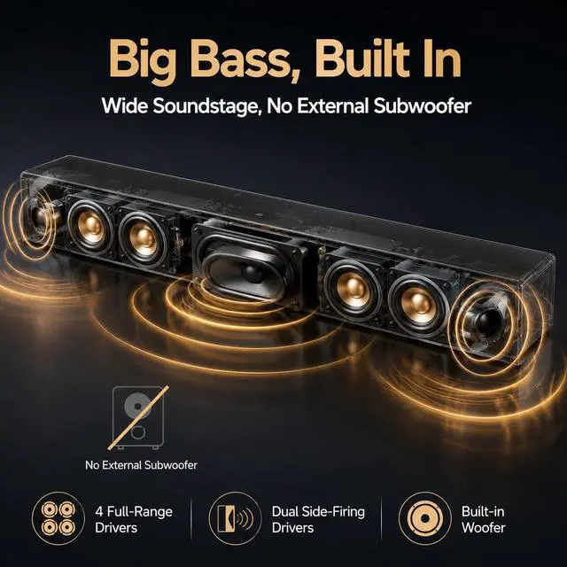 Alt view image 3 of 7 - Sound Bar for Smart TV with Built-in Woofer, 25.2" Compact 2.0ch Soundbar for TV with HDMI ARC, Optical, Bluetooth & NFC, Dolby Audio & DTS Decoding, Surround Sound for Bedroom & Home Office