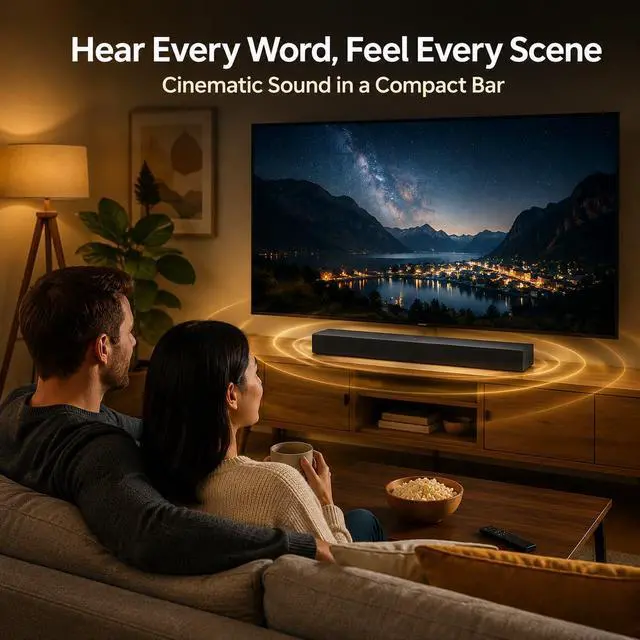 Alt view image 2 of 7 - Sound Bar for Smart TV with Built-in Woofer, 25.2" Compact 2.0ch Soundbar for TV with HDMI ARC, Optical, Bluetooth & NFC, Dolby Audio & DTS Decoding, Surround Sound for Bedroom & Home Office