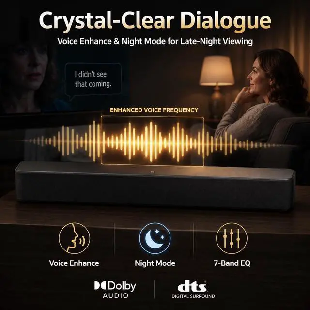 Alt view image 4 of 7 - Sound Bar for Smart TV with Built-in Woofer, 25.2" Compact 2.0ch Soundbar for TV with HDMI ARC, Optical, Bluetooth & NFC, Dolby Audio & DTS Decoding, Surround Sound for Bedroom & Home Office