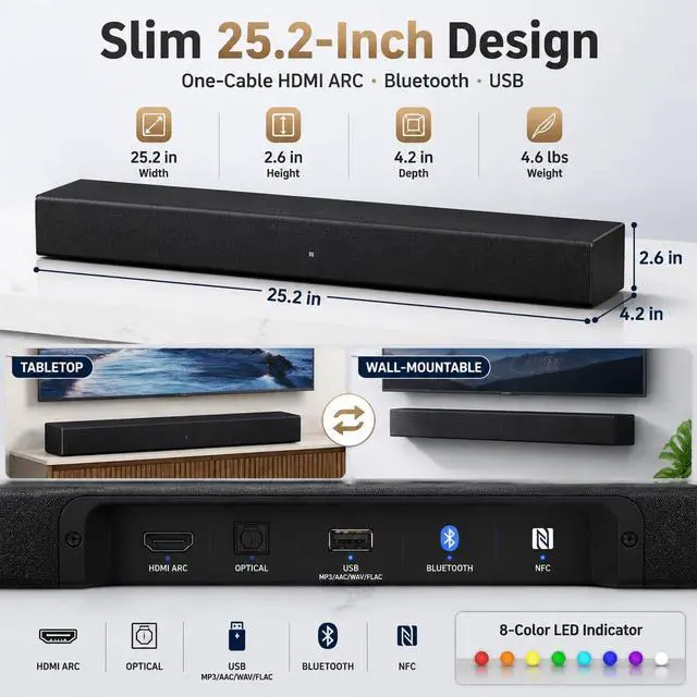 Alt view image 5 of 7 - Sound Bar for Smart TV with Built-in Woofer, 25.2" Compact 2.0ch Soundbar for TV with HDMI ARC, Optical, Bluetooth & NFC, Dolby Audio & DTS Decoding, Surround Sound for Bedroom & Home Office