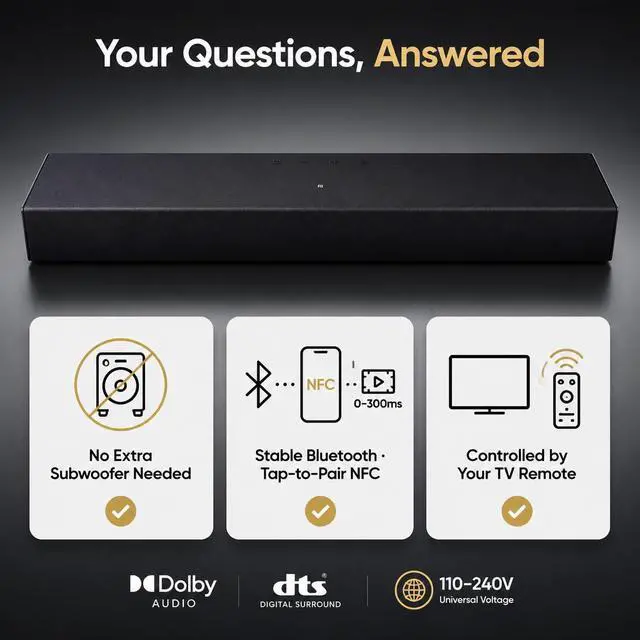 Alt view image 7 of 7 - Sound Bar for Smart TV with Built-in Woofer, 25.2" Compact 2.0ch Soundbar for TV with HDMI ARC, Optical, Bluetooth & NFC, Dolby Audio & DTS Decoding, Surround Sound for Bedroom & Home Office