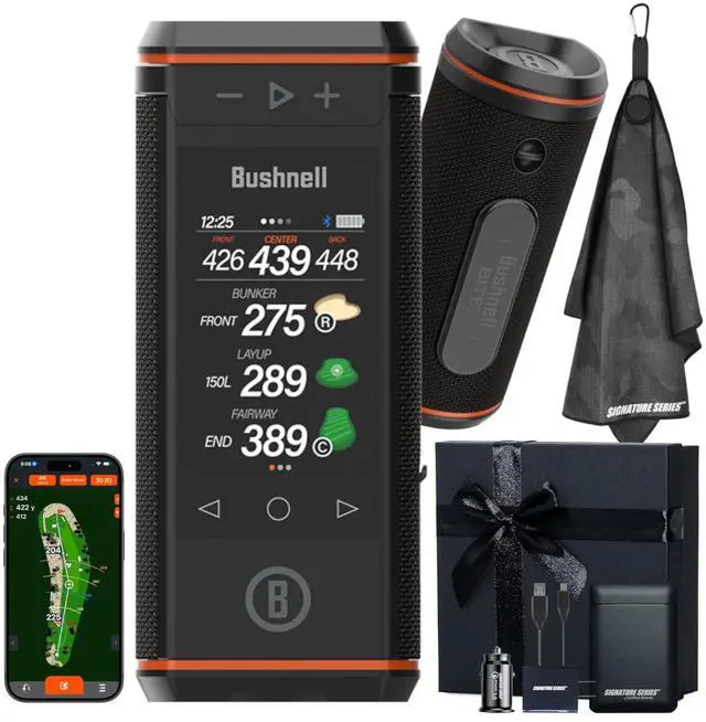 Main image of Bushnell Golf Wingman HD GPS Speaker with Color Touchscreen, Audible and Visual Front/Center/Back with Powerful 360 Degree Audio, Hazard Distances. Full Hole View and Signature Series Gift Bundle