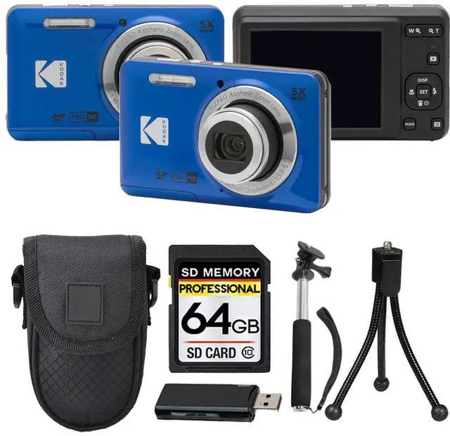 Main image of PIXPRO FZ55 Digital Camera, 16MP Compact Point & Shoot, 5X Optical Zoom, 28mm Wide Angle Lens, 1080P HD Video, Blue + 64GB SD Card, Case, Selfie Stick, Mini Tripod & USB Card Reader