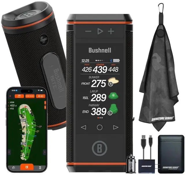 Main image of Bushnell Golf Wingman HD GPS Speaker with Color Touchscreen, Audible and Visual Front/Center/Back with Powerful 360 Degree Audio, Hazard Distances. Full Hole View and Signature Series Power Bundle