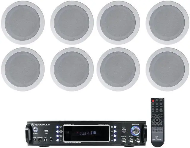 Main image of RPA60BT V2 Commercial Bluetooth Amp with 8 HC55-16 Speakers | 1000W Peak / 250W RMS, Bluetooth, Optical/Coaxial/RCA Inputs, 8 White 5.25" Ceiling Speakers, Restaurant Use, 9-Items
