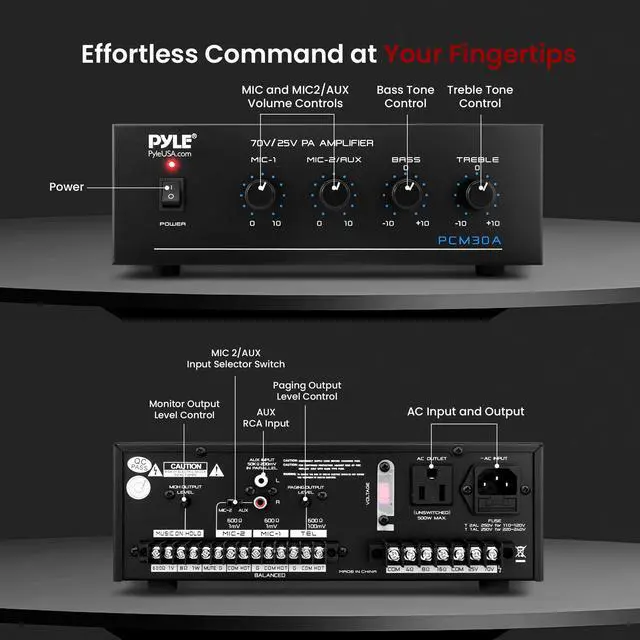 Alt view image 2 of 7 - Compact 60 Watt Power Amplifier - Office, Home, Public Address System w/ RCA, 2 Microphone IN, 25/70 Volt Outputs, LED, Input Selector, Mic Talkover, Telephony, Music On Hold - PCM30A