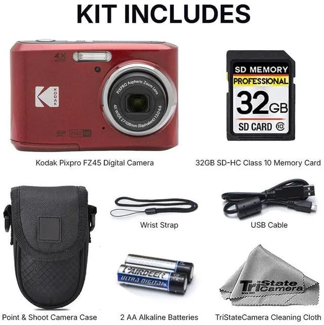Alt view image 3 of 5 - Kodak PIXPRO FZ45 Digital Camera, 16MP Compact Point & Shoot, 4X Optical Zoom, 27mm Wide Angle Lens, 1080P Full HD Video, Red + Camera Case & 32GB SD Card