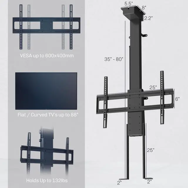 Alt view image 3 of 7 - Black Drop Down Ceiling TV Mount for 43 to 88 in Screens, MOUNT-E-DN88 | Motorized Flip Down TV Mount, Electric Television Bracket with Remote Control, Compact Design for Enclosures, Holds 132 lbs