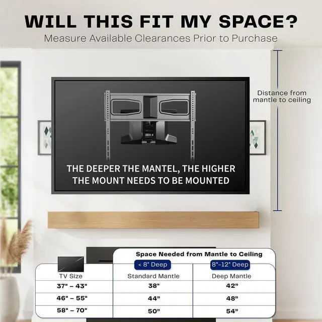 Alt view image 3 of 7 - Motorized TV Wall Mount for 37 to 70 inch Screen up to 77 lbs, Above Fireplace Height Adjustable Electric Pull Down Mantel Bracket, Black, MOUNT-E-M070R