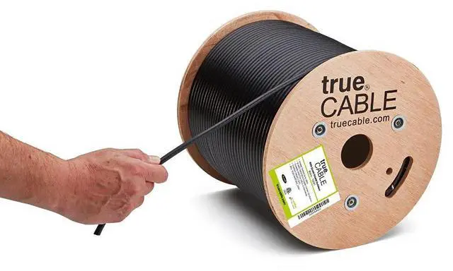 Main image of TRUECABLE RG6 Outdoor Quad Shield Coaxial Cable, 500ft, Black, Direct Burial (CMX), 75 Ohm, 18 AWG Bare Copper Conductor, UV Resistant, 3GHz Sweep Tested
