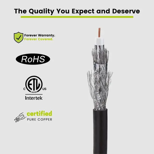 Alt view image 5 of 7 - TRUECABLE RG6 Outdoor Quad Shield Coaxial Cable, 500ft, Black, Direct Burial (CMX), 75 Ohm, 18 AWG Bare Copper Conductor, UV Resistant, 3GHz Sweep Tested