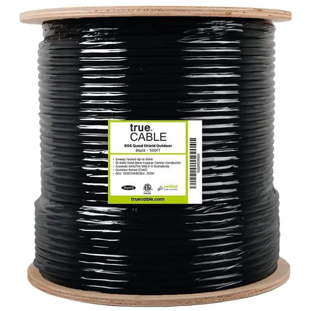 Alt view image 3 of 7 - TRUECABLE RG6 Outdoor Quad Shield Coaxial Cable, 500ft, Black, Direct Burial (CMX), 75 Ohm, 18 AWG Bare Copper Conductor, UV Resistant, 3GHz Sweep Tested