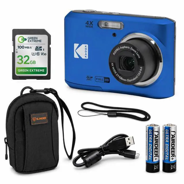 Main image of PIXPRO FZ45 Friendly Zoom 16MP Digital Camera, Blue, with 32GB Memory Card and Camera Bag, 4X Optical Zoom, 27mm Wide Angle Lens, 1080p Full HD Video, 2.7" LCD, AA Battery Powered